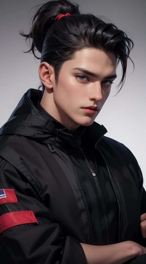  a man, muscualr,strong body,trained, ((wearing half sleeve black jacket:1.5)), (best quality,4k,8k,highres,masterpiece:1.2),ultra-detailed,realistic,professional,(portraits,concept artists),vivid colors,sharp focus,HDR,studio lighting,(black hair:1.1),(purple eyes:1.1), hair reaching the above neck, tied in a short half-ponytail, dutch feature, tanned skin