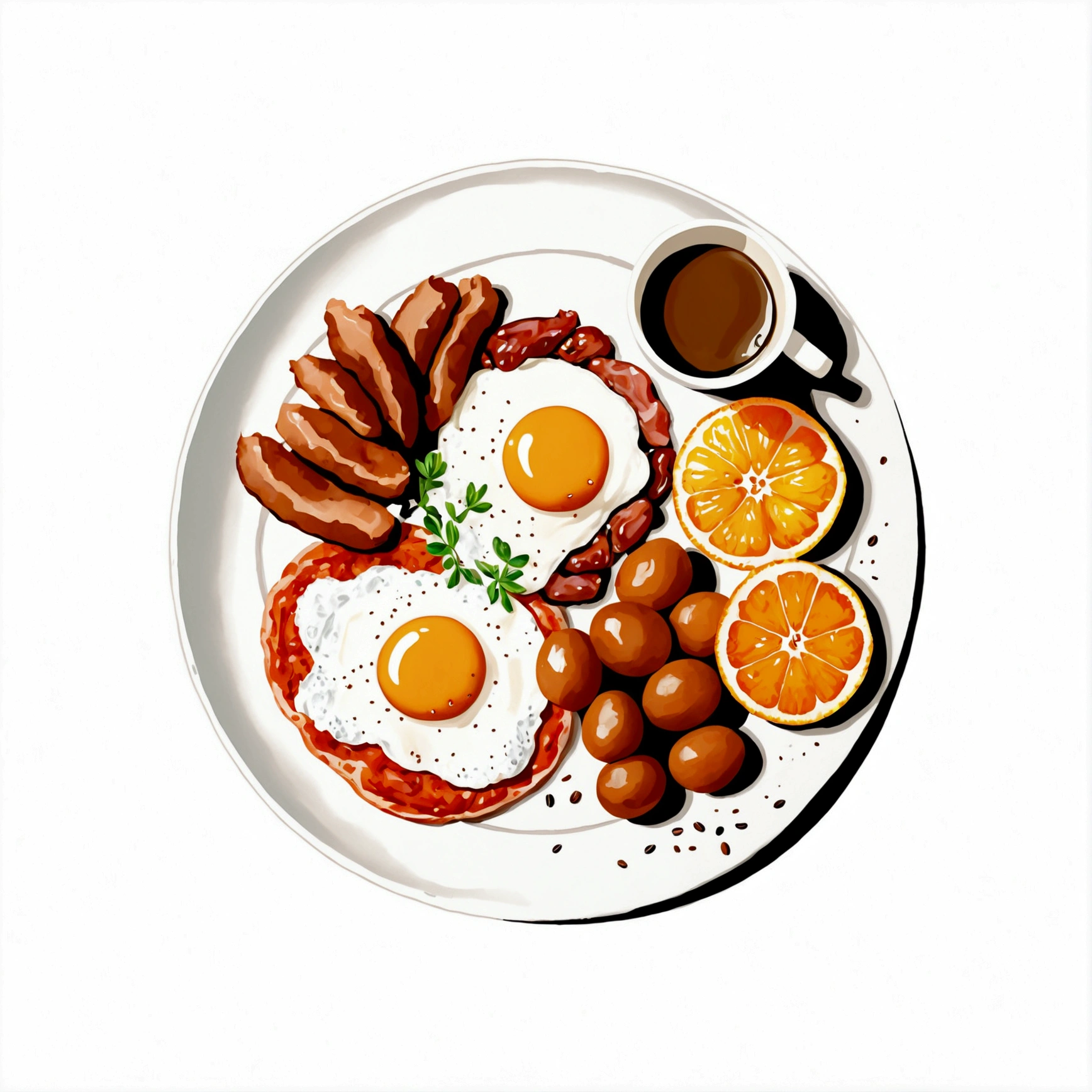 a very clean image painting of a full english breakfast menu, full dining set, solid white background, center composition, negative space around the object, washed out color, detailed masterpiece, loose drawing, clipart, vector art, illustration, a cup of (coffee), an orange juice,