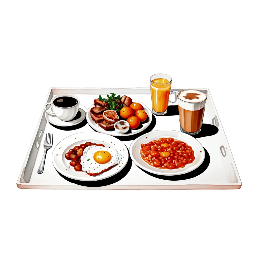 a very clean image painting of a full english breakfast menu, full dining set, solid white background, center composition, negative space around the object, washed out color, detailed masterpiece, loose drawing, clipart, vector art, illustration, a cup of (coffee), an orange juice,
