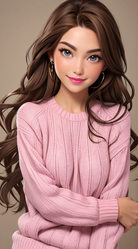 Kizi, long light brown hair, grey-eyed, happy features, Caucasian skin, pink lips, sweater