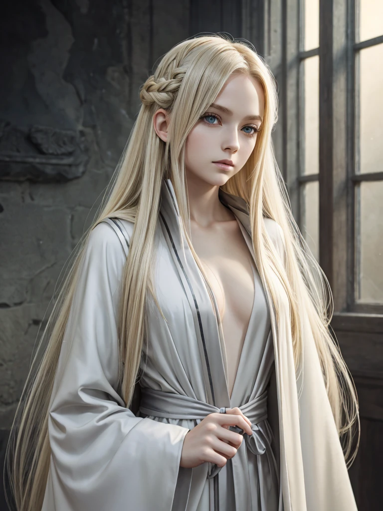 (best quality), 1girl, (child), female, pale skin, blonde hair, long hair, straight hair, parted hair, swoopy tips, simple hairstyle, grey eyes, perfect eyes, magical robe, dark fantasy, elyon, fully clothed, masterpiece, anatomically correct, highres