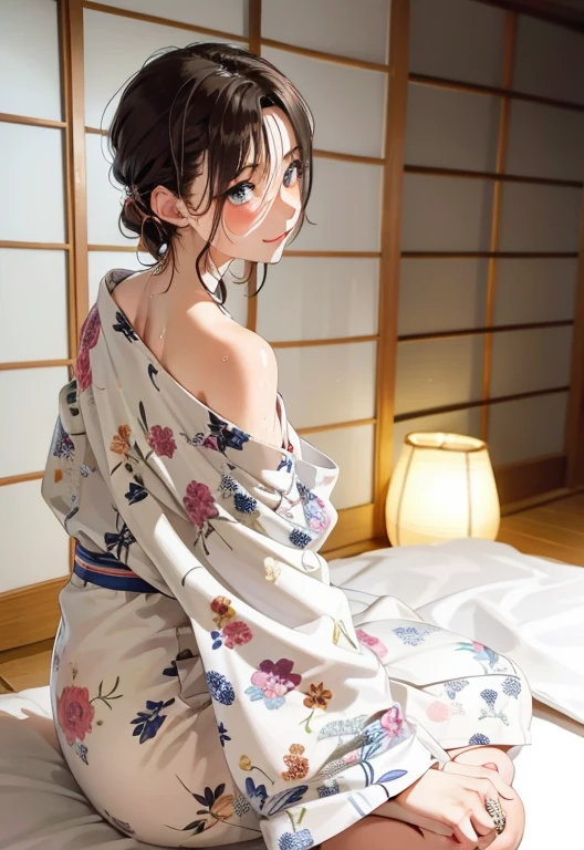 Ultra HD、Photorealistic,Gal wearing a yukata、Brown skin、Stylish underwear、20-year-old