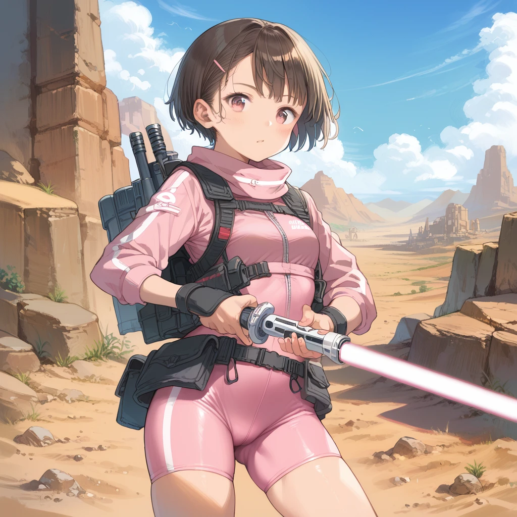 score_9, score_8_up, score_7_up, score_6_up, score_5_up, score_4_up, masterpiece, best quality,、source_anime,1girl solo, brown hair, short hair, pink eyes, pink bodysuit, bike shorts, hip vents, tactical clothes, lightsaber, outdoors, desert