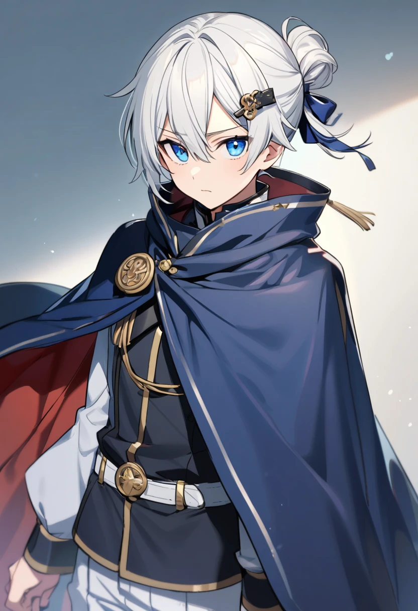  boy, blue eyes and white hair tied with a hairpin,  and navy blue cape