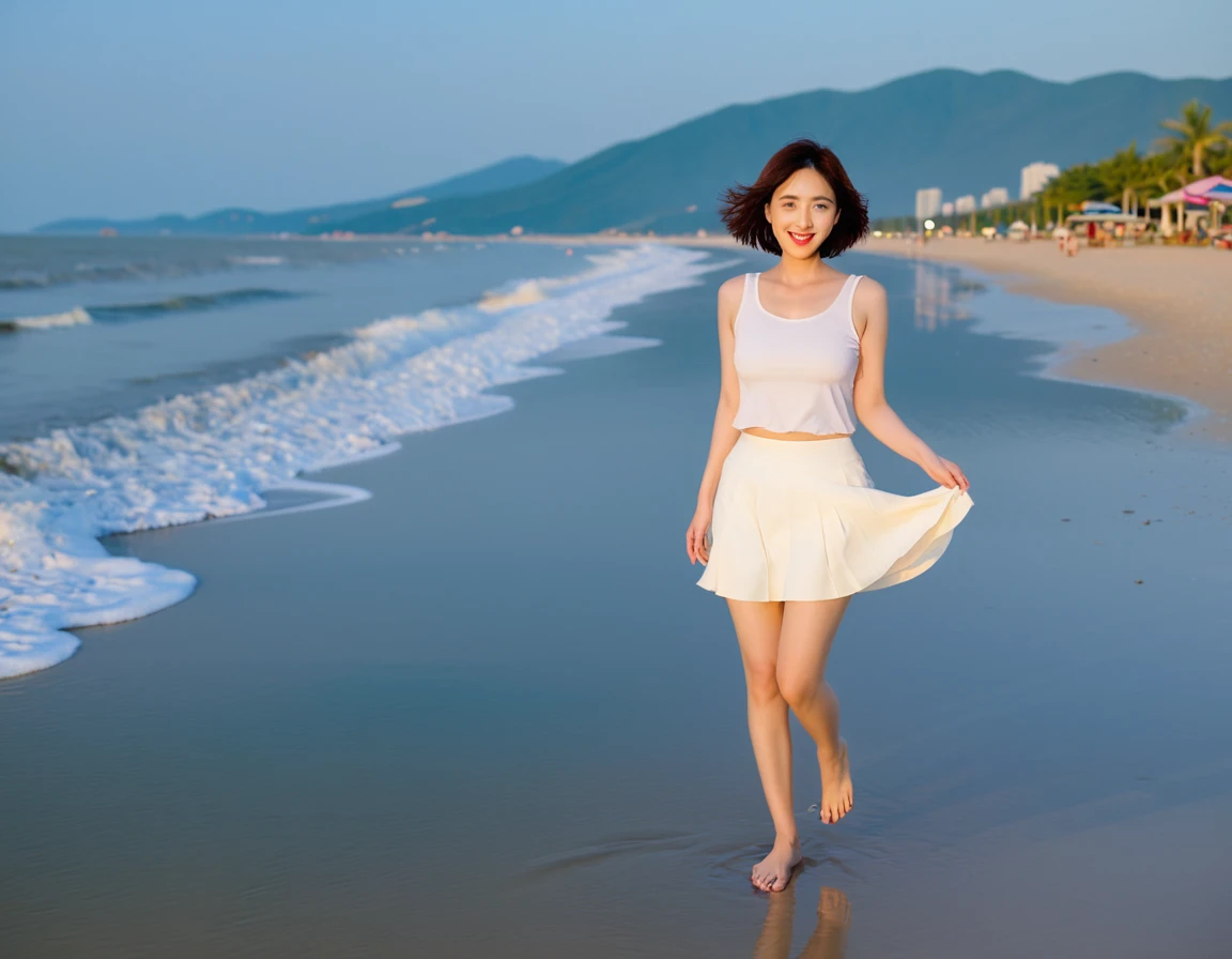 8K, red light at dusk on the beach, A strong lingering scent is reflected in the sea., Beautiful 36-year-old short Korean woman, Chest size 34 inches, Wear sleeveless, light and short white skirt. beautiful pretty woman look , wearing a light skirt , Go far into the sea water and dip your toes., Short medium hair blowing in the wind, 1 woman, beautiful eyes, a little smile, Full-body photo taken from afar with a wide-angle lens, Danang Beach in Vietnam with clean and perfect background, the waves are coming, The picture quality is very clear and clear