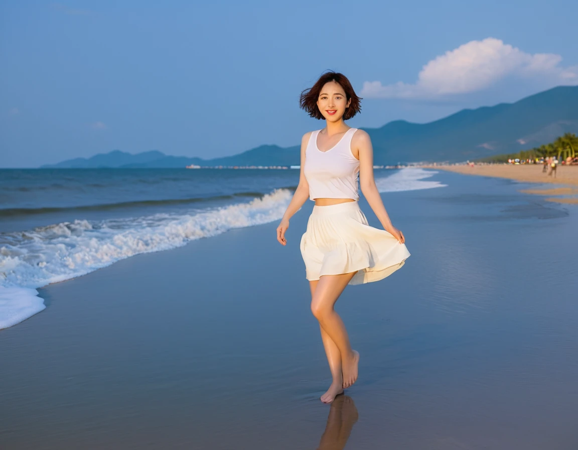8K, red light at dusk on the beach, A strong lingering scent is reflected in the sea., Beautiful 36-year-old short Korean woman, Chest size 34 inches, Wear sleeveless, light and short white skirt. beautiful pretty woman look , wearing a light skirt , Go far into the sea water and dip your toes., Short medium hair blowing in the wind, 1 woman, beautiful eyes, a little smile, Full-body photo taken from afar with a wide-angle lens, Danang Beach in Vietnam with clean and perfect background, the waves are coming, The picture quality is very clear and clear