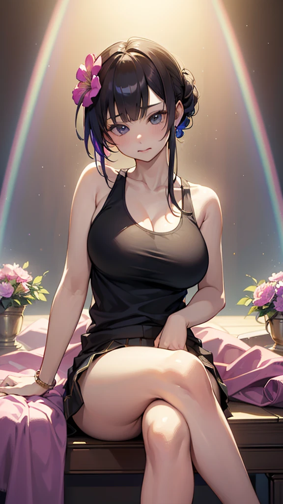 Official Art, masterpiece, Highest quality,One girl,Gosgarh,Tank top 8k,High resolution, ( flower_Styler:1.2)(Rainbow Candy:1.2),(Excellent rendering, Stand out in the same class), (Amazing details, Excellent lighting, Wide-angle), Big Breasts, zettairyoiki, Detailed Background、Panty shot、Sitting with legs crossed、