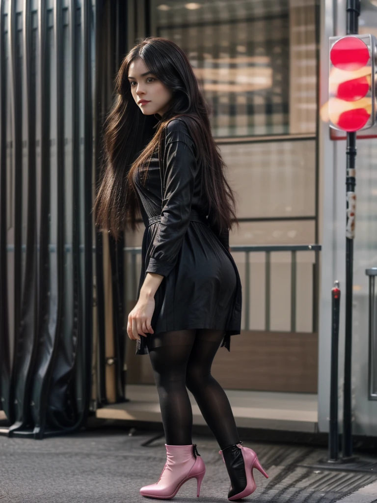 hyper realistic photography of a beautiful Cute European Girl wearing black dress and pantyhose tights and pink high-heeled shoes, town, long black hair, volumetric lightning, good contrast 