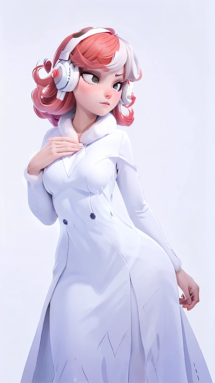 (1 girl, alone, Masterpiece, 4k, Best Quality:1.2, (cowboy shot), Best Quality:1.2, good hands, striking, (perfect hands, perfect anatomy)), 
utaop, headphones,blush, White dress, fur on one, red and white hair, multicolor fur, High average, 
((medium breasts, big hips, looking at the viewer)), 
((simple background, White background)), 