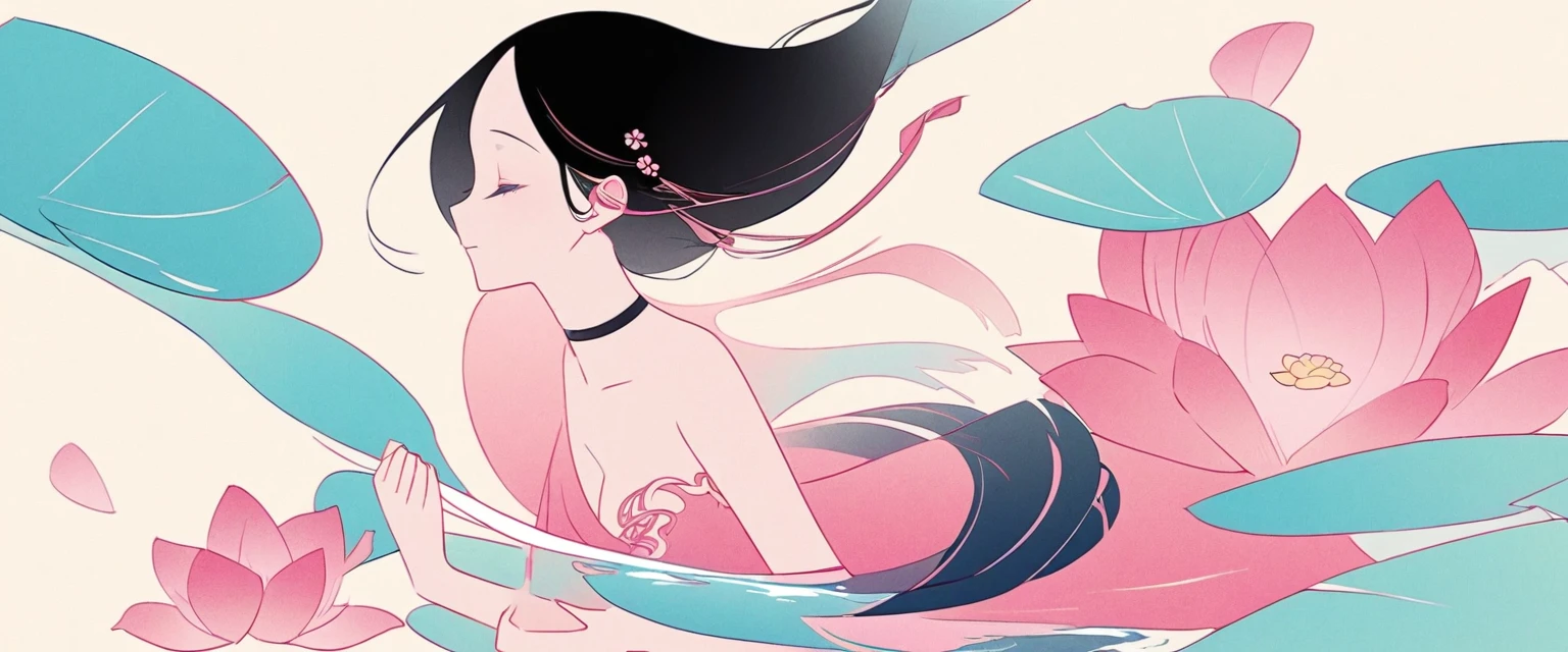 vector，Flat form，illustration，The Minimalists，数字艺术illustration，Pink hue，Abstract，artistic conception，Blooming，A little girl kneeling on the water（Right side of the screen），dancer；Pink clothing；Pretty Face，Black Hair，Hairpin；Lotus pond，Lotus decorative corner；Diving sensation，above（Light cyan）Lots of white space。