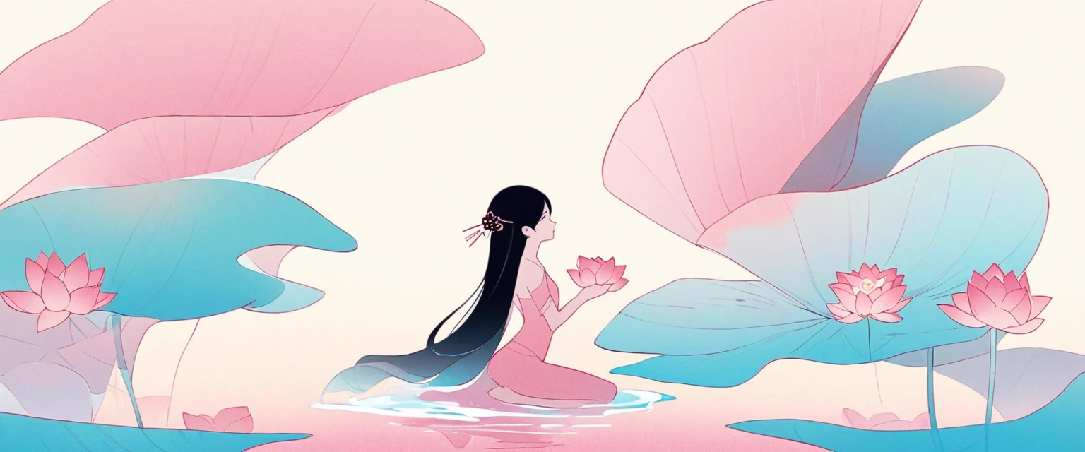 vector，Flat form，illustration，The Minimalists，数字艺术illustration，Pink hue，Abstract，artistic conception，Blooming，A  girl kneeling on the water（Right side of the screen），dancer；Pink clothing；Pretty Face，Black Hair，Hairpin；Lotus pond，Lotus decorative corner；Diving sensation，above（Light cyan）Lots of white space。