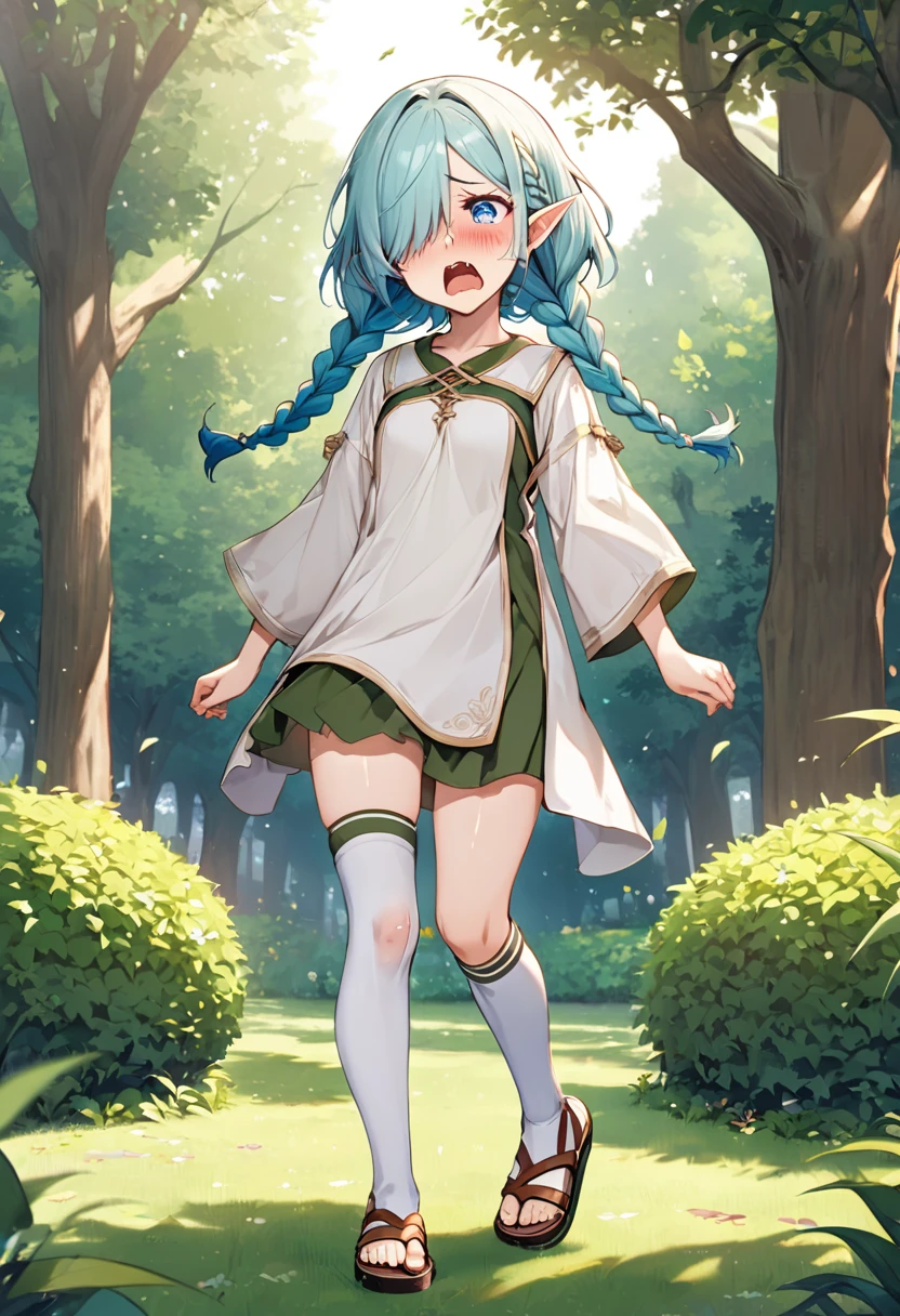 BREAK Perfect Anatomy、(High resolution:1.2)、Incredible illustrations、(Cute illustrations:1.2)、(Beautiful background(bushes in the park)) 1little girl((multicolored hair,hair over one eye, twin braids,blue eyes,fang)1girl((a girl,elf 1.5meters, 25kg,18 years old female, ((tunic,thigh-high socks, sandals),tilting head,anguish