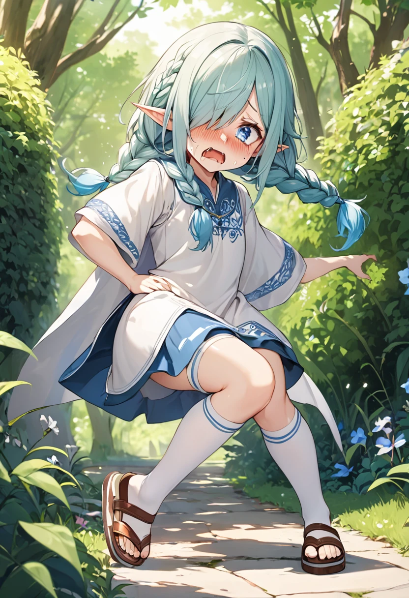 NSFW, (masterpiece, top quality, best quality, highly detailed:1.6), anatomically correct, (full body), (wide shot), long shot,(at midnight:2.5), (Knee rubbing,bring both knees together:3.2), (leaning forward, Hold the crotch area over the clothes:3), (standing:2.5), (((clutching crotch))), (woman, outdoor,in the forest), (Elf, brown elven robe, Extremely wet with pee:2.5),strong facial expression, (sharp eye:1.2), (scowl:1.1), (embarrassed,blush:2.3), (steam:2.9), (Breathe heavily:2.9), (Wet:1.1), (sweat:1.1), (trembling:1.3), (open mouth, wavy mouth:1.7), (clenched teeth:2.3), (Drooling from the mouth:0.7), (half open eyes:2.5), (Close one eye, Winking:3), (tears:3), (feeling weak:1.5),(bravery crying, sobbing:1.5), (shoot from front:1.2), (high-heels:2.8),(Glasses:0.6), (long hair, blue hair, extra long hair:2.5), (woman trembling with sexual climax:1.7), colorful, perfect composition, (Touching the crotch:1.7), urination, incontinence, piss, peeing self, A lot of pee, (((pee stream))), (pee puddle), Wetting herself, peeing, blush, trembling, embarrassed, large breasts, Yellow pee, ((leaking pee)), Shaking one's shoulders, Breaking a sweat on forehead, pee spreading on the ground, (Pee stains), Full bladder, ((Pee-soaked robe)),(Pee-soaked high-heels), natural makeup,Pee dripping from robe,((robe with big urine stains)),(Widespread urine stains,robe covered in urine),(robe almost wet with urine),