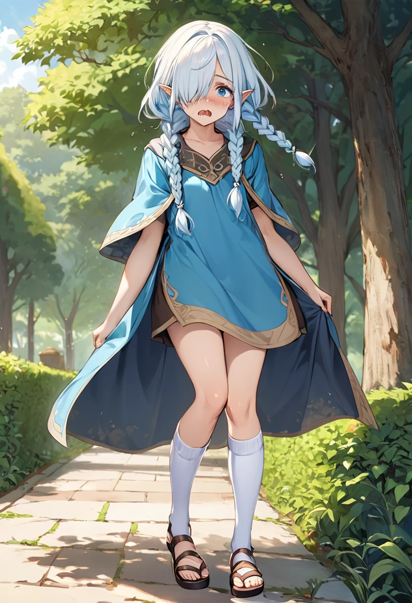 BREAK Perfect Anatomy、(High resolution:1.2)、Incredible illustrations、(Cute illustrations:1.2)、(Beautiful background(bushes in the park)) 1little girl((multicolored hair,hair over one eye, twin braids,blue eyes,fang)1girl((a girl,elf 1.5meters, 25kg,18 years old female, ((tunic,thigh-high socks, sandals),tilting head,anguish