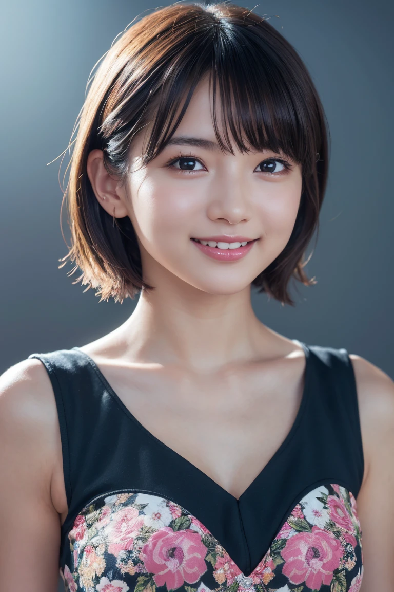 1 girl,(wearing colorful stage costume:1.2),very beautiful japanese idol portrait,close up of face,(RAW photo,best quality),(real,realistic:1.4),(masterpiece),very delicate and beautiful,very detailed,2k wallpaper,amazing,finely detailed,highly detailed CG Unity 8K wallpaper,very detailed,high resolution,soft light,beautiful detailed girl,very detailed eyes and face,beautiful refined nose,finely beautiful eyes,cinema lighting,(simple light color background:1.3),(short hair),(bob),full anatomy,slender body,small breasts,smiling,