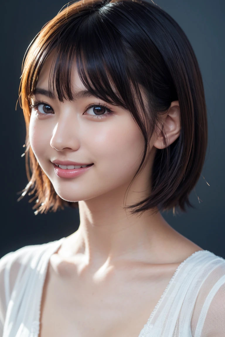 1 girl,(wearing colorful stage costume:1.2),very beautiful japanese idol portrait,close up of face,(RAW photo,best quality),(real,realistic:1.4),(masterpiece),very delicate and beautiful,very detailed,2k wallpaper,amazing,finely detailed,highly detailed CG Unity 8K wallpaper,very detailed,high resolution,soft light,beautiful detailed girl,very detailed eyes and face,beautiful refined nose,finely beautiful eyes,cinema lighting,(simple light color background:1.3),(short hair),(bob),full anatomy,slender body,small breasts,smiling,
