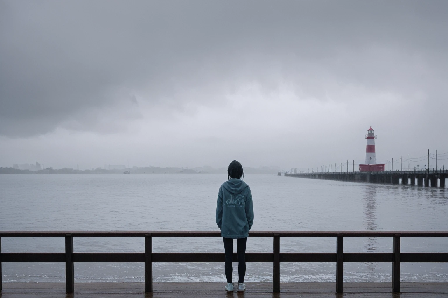 realistic,score_9, score_8_up, score_7_up,
1girl, coolly standing under rain, cloudy, foggy atmosphere, medium-cooled toned, dull, ambiance, pier, bay, lighthouse in distance, misty seaside essence