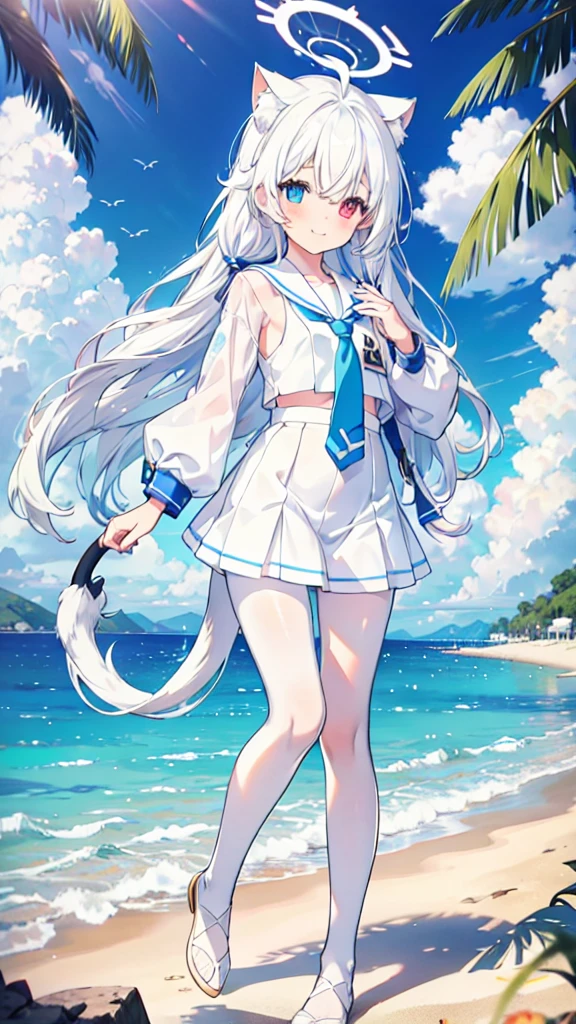 Sailor Suit，girl，White pantyhose，White hair，Long hair，Cat ear，Heterochromia blue-yellow，Smile，Female face，There are bright spots in the eyes，White little hands，Normal fingers，flat chest，On the beach，Blue Halo，White skirt，Blue tie