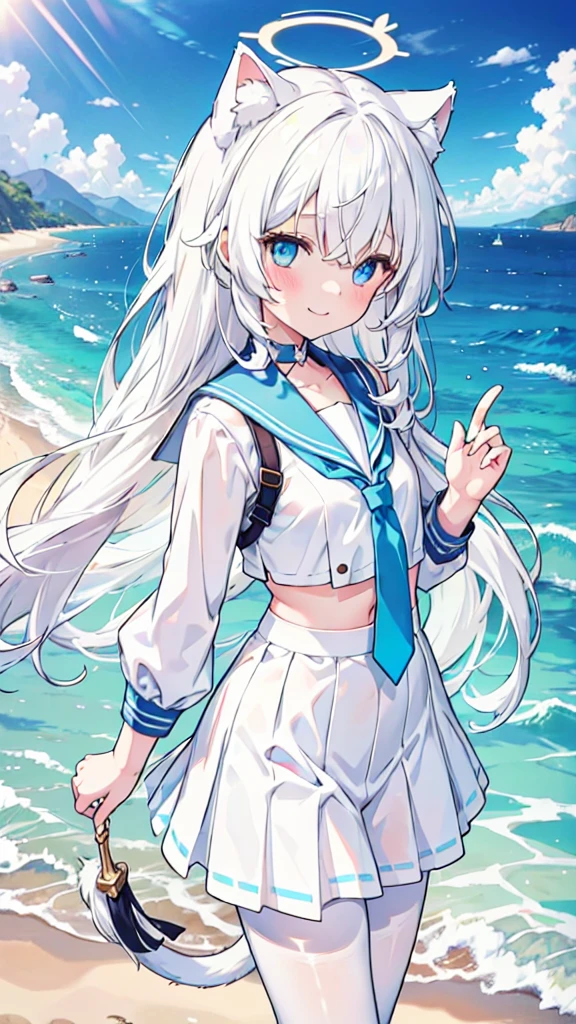 Sailor Suit,girl,White pantyhose,White hair,Long hair,Cat ear,Heterochromia blue-yellow,Smile,Female face,There are bright spots in the eyes,White little hands,Normal fingers,flat chest,On the beach,Blue Halo,White skirt,Blue tie