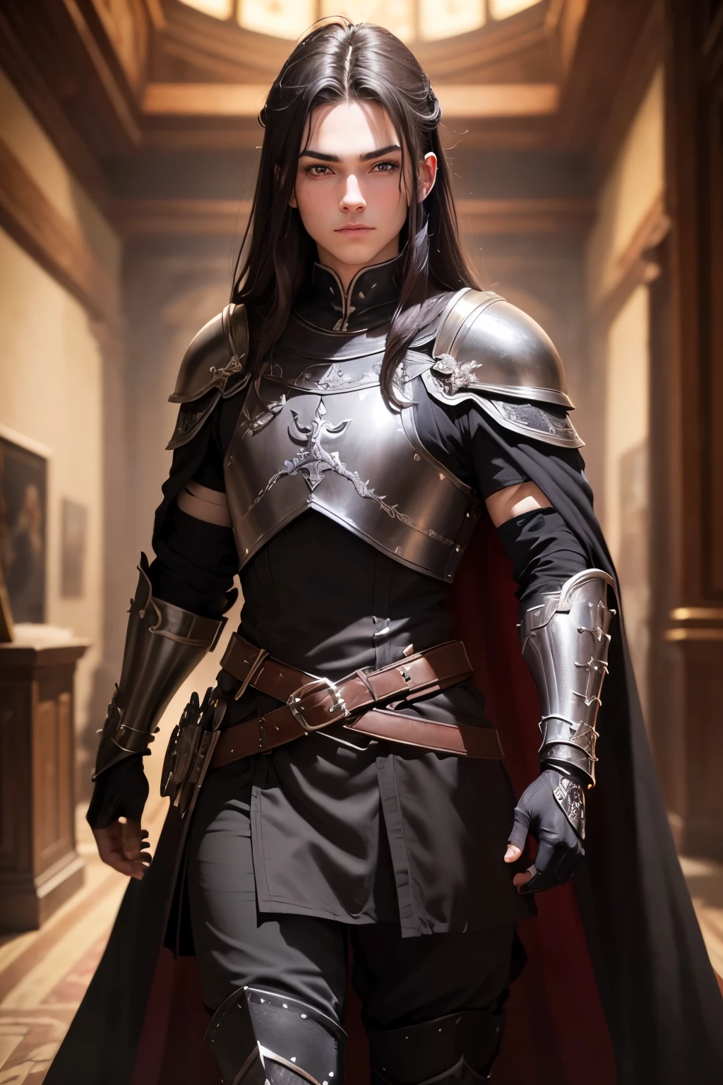 ((best quality)), ((masterpiece)), (detailed), Prize-winning works, with incredible details, maximum textures and details, uhd ,8K,super resolution ,depth of field, retina, masterpiece, anatomically correct, textured skin, super detail, high details, highres ,1 adventurous girl in brunette warrior costume ,beautiful face, stop at an adventurers guild, chestnut hair, developing long hair, slickedback hair, wearing medieval black armor , black gauntlets and gloves, black breastplate black leather,black pants, black belts ,black long cape ,fully body, hyper-detailed piercing eyes ,black heavy armor (15 year old young man :1.1,detailedeyes, face detailed, whole body:1.1,the background is an adventurers guild ),(best qualityer:1.2,ultra detali:1.1,realisitic:1.37) ,eyeshadows,sharp focus,swirly vibrant colors,)