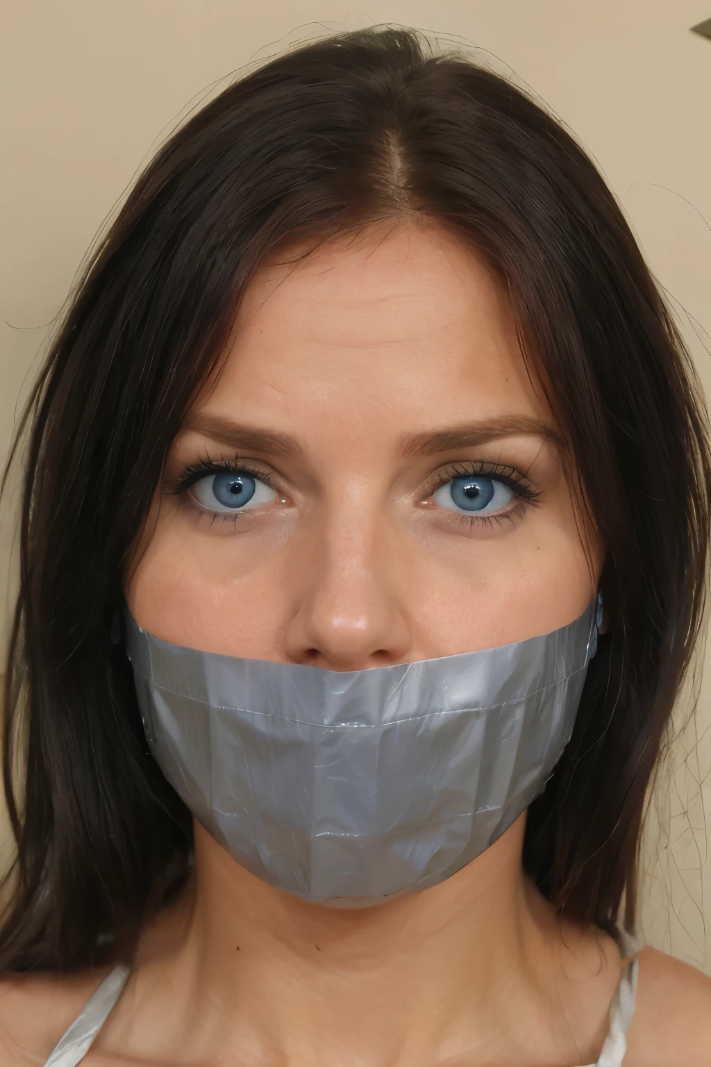 Woman. Curly red hair. Square jaw. Blue eyes. Duct tape gag. Tape gag. Panicking. Wide eyed. Hair up in top bun. Mouth covered with duct tape. Mom age.