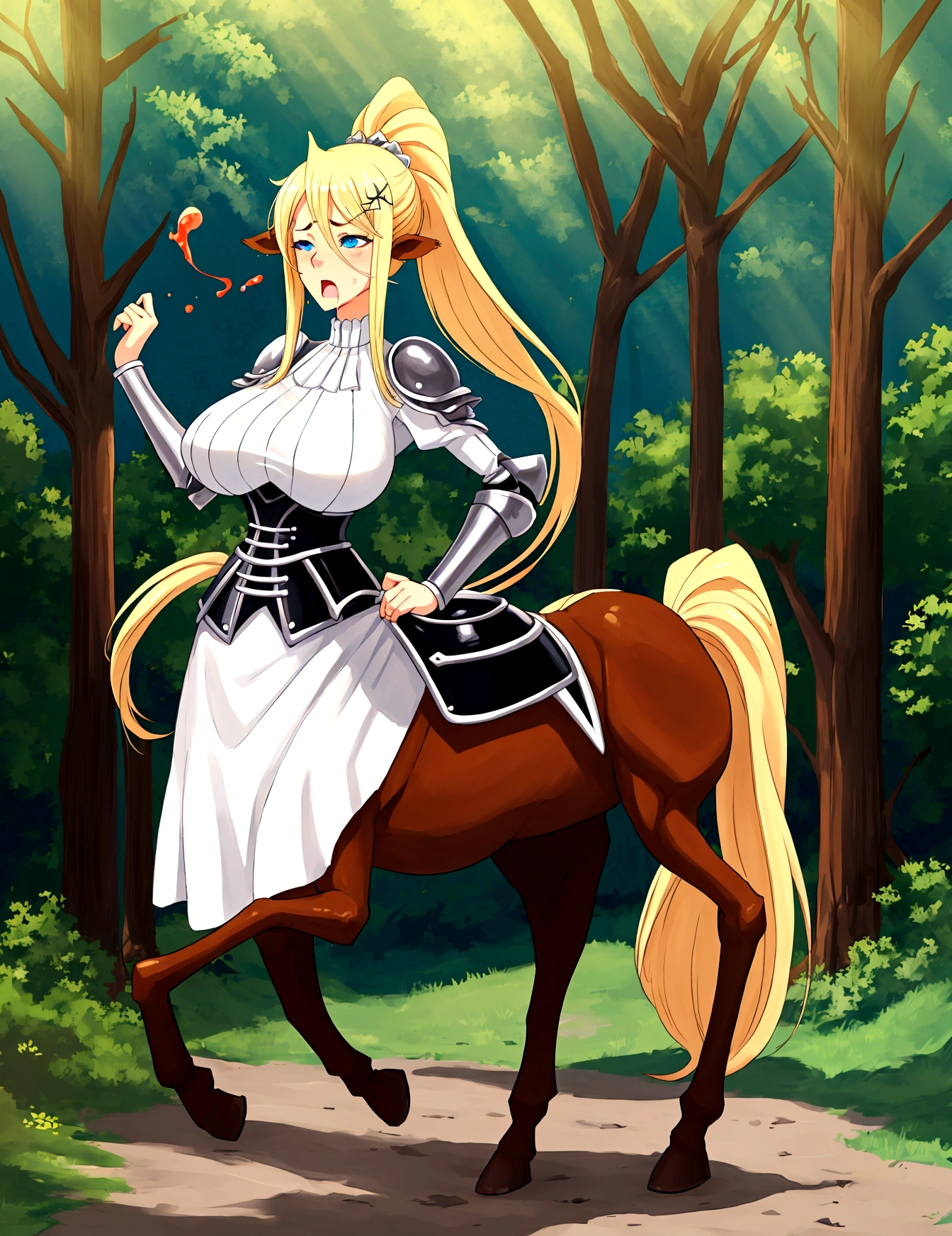 Anime centaur.1 girl. cutie. centaur girl, Half man. monster girl. centaur. Girl - horse. blonde. long hair. hair ornament. Her hair is pulled back into a high ponytail.. Blue eyes. Beautiful eyes. Perfect eyes. expressive eyes. perfect face. face, about to sneeze sneezing face. Beautiful nose. Snotty nose. Long snot hanging from the nose after sneezing.  years. big breasts. beautiful breasts. girl knight. centaur knight. She is ill. She got sick. She has allergies. She has a runny nose. nasal mucus. She has snot. She wants to sneeze. She needs to sneeze. She has a strong, desperate urge to sneeze. She sneezes. She sneezes. Splashes of snot fly to the sides. Snot flows from the nose. She has her period. Her crotch is bleeding. in the middle of a forest. Ideal anatomical body. Lower body of a horse.. Horse slender legs. hooves instead of feet. white linen blouse. Light plate armor - corset. skirt. no panties. standing. full height. beautiful character design. shiny skin. whole body. NFS. official art. чрезвычайно подробные обои CG Unity 8k. perfect lighting. 4K ultra-high resolution. Super detailed 8K resolution. A high resolution.