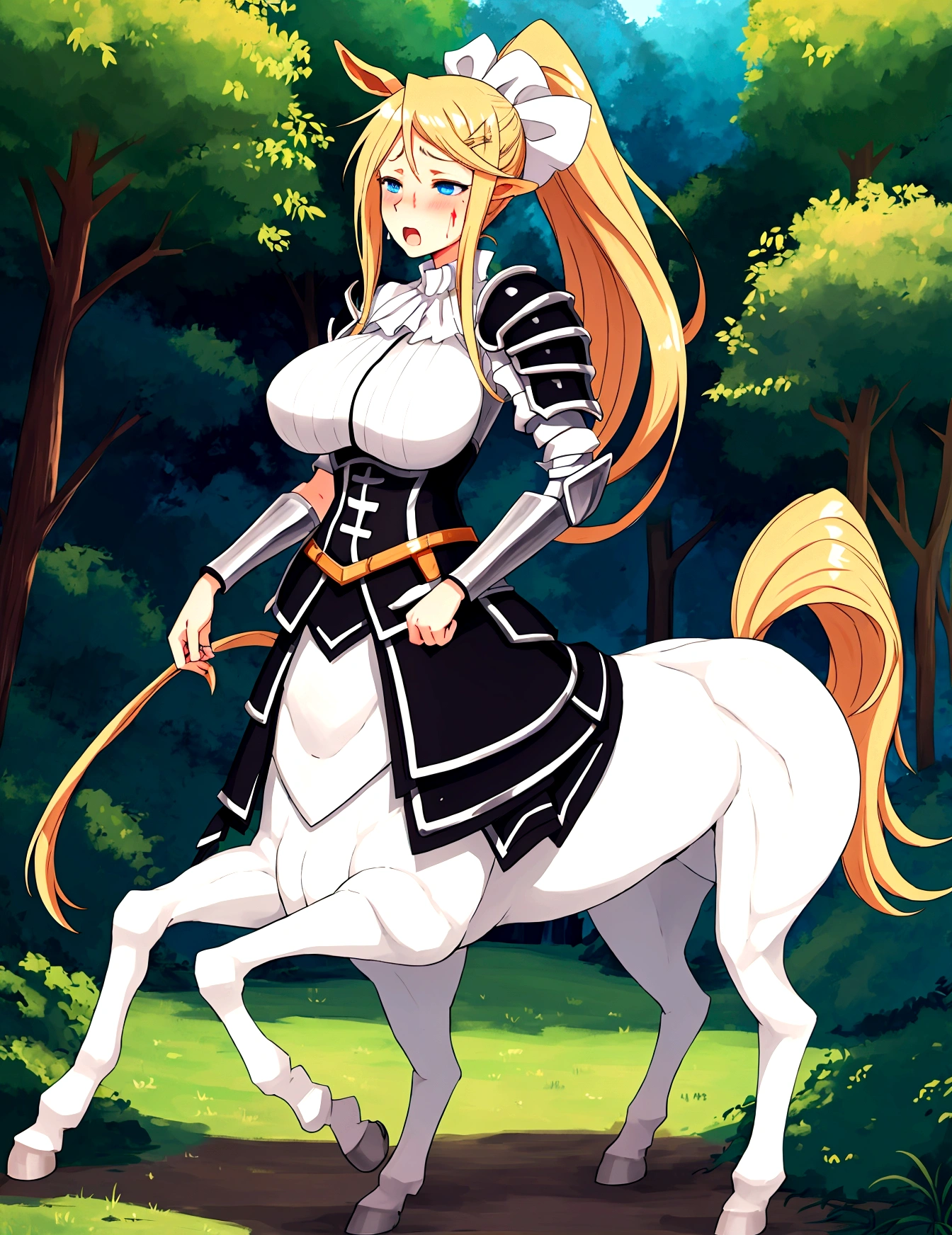 Anime centaur.1 girl. cutie. centaur girl, Half man. monster girl. centaur. Girl - horse. blonde. long hair. hair ornament. Her hair is pulled back into a high ponytail.. Blue eyes. Beautiful eyes. Perfect eyes. expressive eyes. perfect face. face, about to sneeze sneezing face. Beautiful nose. Snotty nose. Long snot hanging from the nose after sneezing. 16 years. big breasts. beautiful breasts. girl knight. centaur knight. She is ill. She got sick. She has allergies. She has a runny nose. nasal mucus. She has snot. She wants to sneeze. She needs to sneeze. She has a strong, desperate urge to sneeze. She sneezes. She sneezes. Splashes of snot fly to the sides. Snot flows from the nose. She has her period. Her crotch is bleeding. in the middle of a forest. Ideal anatomical body. Lower body of a horse.. Horse slender legs. hooves instead of feet. white linen blouse. Light plate armor - corset. skirt. no panties. standing. full height. beautiful character design. shiny skin. whole body. NFS. official art. чрезвычайно подробные обои CG Unity 8k. perfect lighting. 4K ultra-high resolution. Super detailed 8K resolution. A high resolution.