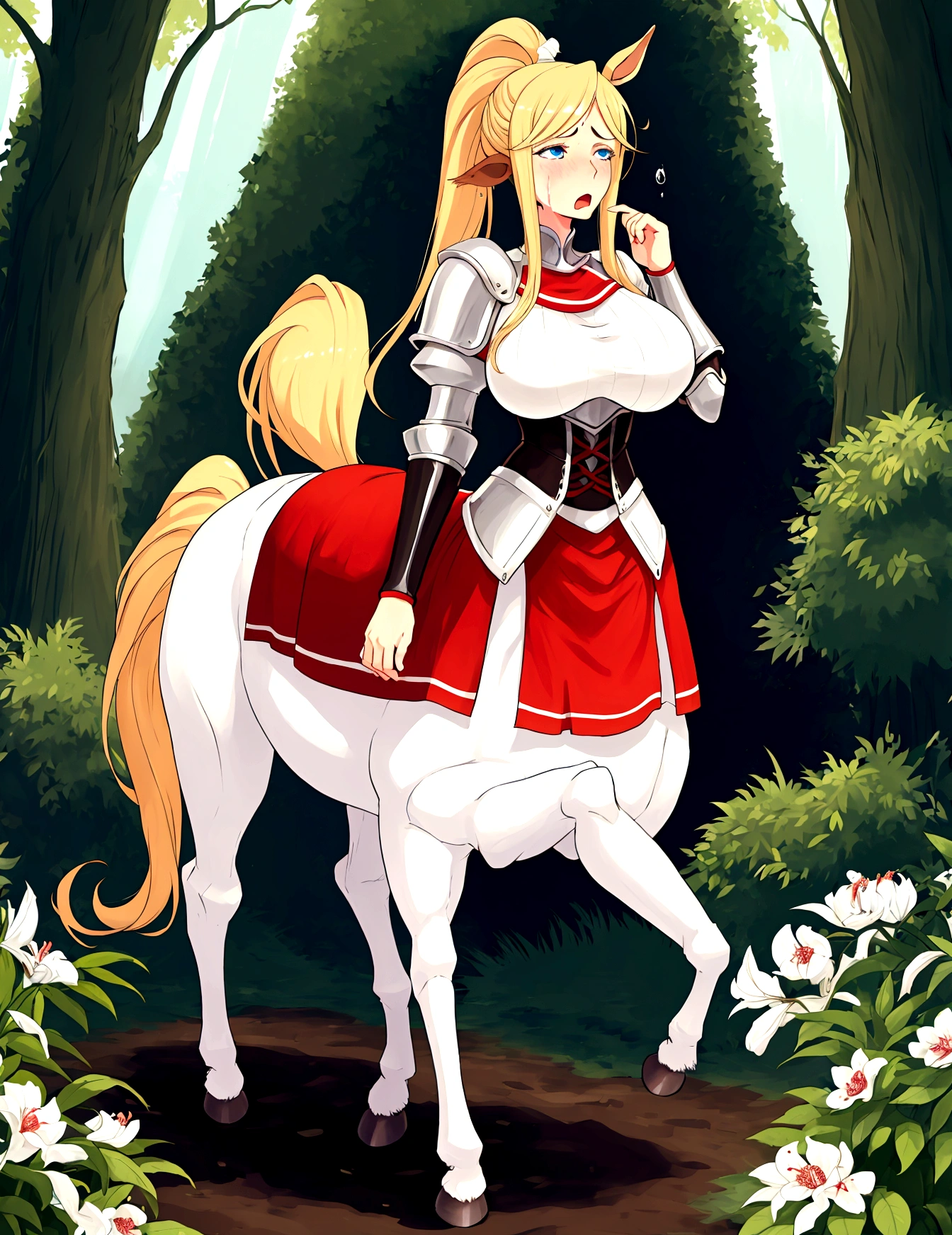 Anime centaur.1 girl. cutie. centaur girl, Half man. monster girl. centaur. Girl - horse. blonde. long hair. hair ornament. Her hair is pulled back into a high ponytail.. Blue eyes. Beautiful eyes. Perfect eyes. expressive eyes. perfect face. face, about to sneeze sneezing face. Beautiful nose. Snotty nose. Long snot hanging from the nose after sneezing.  years. big breasts. beautiful breasts. girl knight. centaur knight. She is ill. She got sick. She has allergies. She has a runny nose. nasal mucus. She has snot. She wants to sneeze. She needs to sneeze. She has a strong, desperate urge to sneeze. She sneezes. She sneezes. Splashes of snot fly to the sides. Snot flows from the nose. She has her period. Her crotch is bleeding. in the middle of a forest. Ideal anatomical body. Lower body of a horse.. Horse slender legs. hooves instead of feet. white linen blouse. Light plate armor - corset. skirt. no panties. standing. full height. beautiful character design. shiny skin. whole body. NFS. official art. чрезвычайно подробные обои CG Unity 8k. perfect lighting. 4K ultra-high resolution. Super detailed 8K resolution. A high resolution.