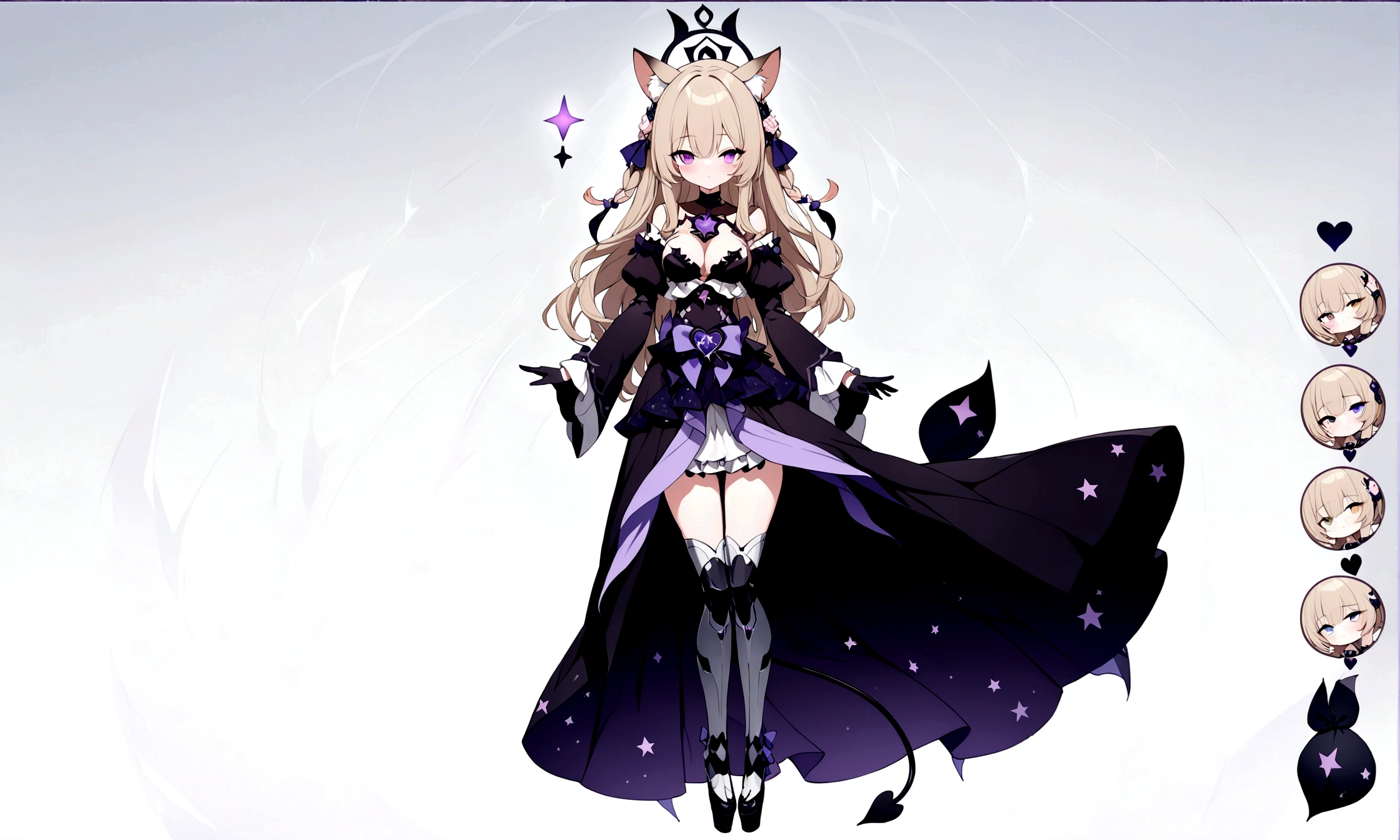 woman 170 cm tall. (character design sheet: front view). Dark blonde long hair, slim build. wavy hair with hip length curls, has a short central tuft, She has a short braid on the left side over her chest with a purple bow, She has a short braid on the right side over her chest with a purple bow. Two black and purple serval ears located on the top of the head... small face. (heterochromia: one gray eye and one purple eye), has small ribbons on the right and left side of the hair. extremely detailed face, Beautiful detailed eyes, beautiful detailed lips. adorable, extremely detailed legs, (Best Quality, 4k, 8k, high resolution), ultra detailed, Exquisite and epic character art... Black platform heels, Elegant one-piece long dress with ruffle skirt and wide sleeves. Ribbon decorations and star patterns on clothing. black gloves. gray belt at the waist with a large ribbon with a luminous pink heart in the middle. black necklace with heart emblem on the neck. It has a succubus tail with a small luminous violet star at the tip of the tail...... (wide hip). Luminous black halo with purple star patterns above his head..... (medium chest size). Mechanical legs up to the thigh in black.