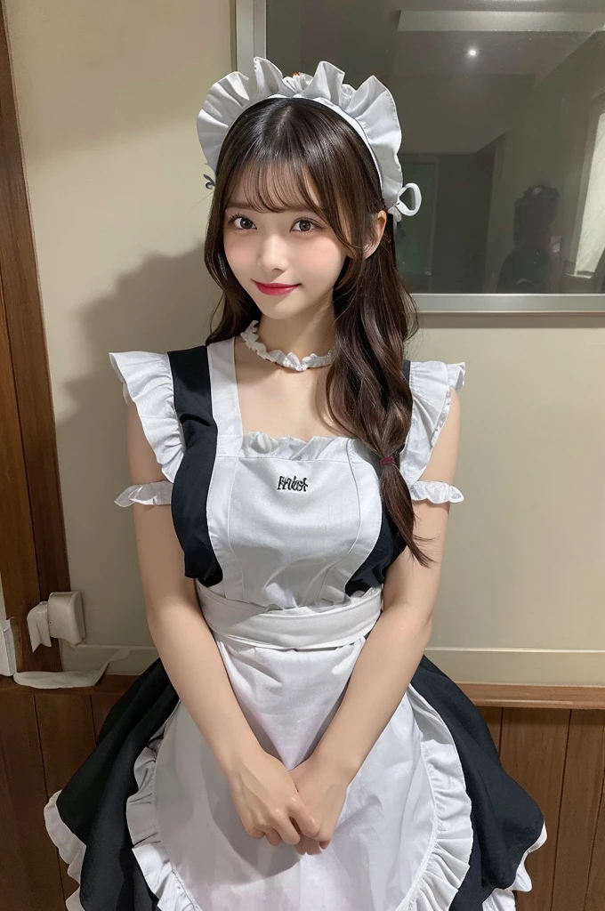 (8k, RAW photo, top quality, masterpiece: 1.2), (realistic, photorealistic: 1.37), ultra detail, ultra high resolution, one girl, beholder, beautiful detailed face, smile, constriction, (slim waist): 1.3), beautiful detailed skin, skin texture, floating hair, professional lighting, Japanese beautiful girl, long hair, bob cut, beautiful hair, 20 years old, attractive breasts, (huge breasts:1.2), beautiful shape breasts, full body from toes to head, standing, Shift gaze away, gaze into the distance, natural color hair, color inner hair, (maid, maid headdress, frill apron:1.4)