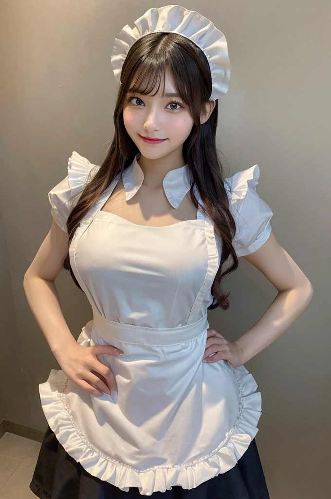 (8k, RAW photo, top quality, masterpiece: 1.2), (realistic, photorealistic: 1.37), ultra detail, ultra high resolution, one girl, beholder, beautiful detailed face, smile, constriction, (slim waist): 1.3), beautiful detailed skin, skin texture, floating hair, professional lighting, Japanese beautiful girl, long hair, bob cut, beautiful hair, 20 years old, attractive , (huge breastsbeautiful shape breasts, full om toes to head, standing, Shift gaze away, gaze into the distance, natural color hair, color inner hair, (maid, maid headdress, frill apron:1.4)