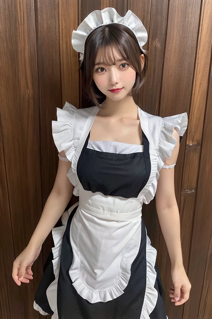 (8k, RAW photo, top quality, masterpiece: 1.2), (realistic, photorealistic: 1.37), ultra detail, ultra high resolution, one girl, beholder, beautiful detailed face, smile, constriction, (slim waist): 1.3), beautiful detailed skin, skin texture, floating hair, professional lighting, Japanese beautiful girl, long hair, bob cut, beautiful hair, 20 years old, attractive breasts, (huge breasts:1.2), beautiful shape breasts, full body from toes to head, standing, Shift gaze away, gaze into the distance, natural color hair, color inner hair, (maid, maid headdress, frill apron:1.4)