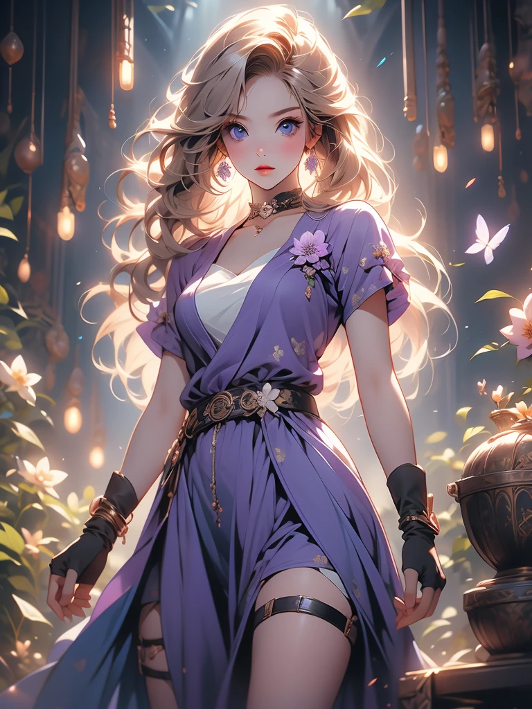 score_9, score_8_up, score_7_up,score_6_up, score_5_up, score_4_up , 1girl, solo, jenetdg, long hair, blonde hair, blue eyes, gloves, choker, belt, fingerless gloves, thigh strap, purple dress,bangle, arm tattoo, flower tattoo, loose belt, fighting stance, from below, looking at viewer, 