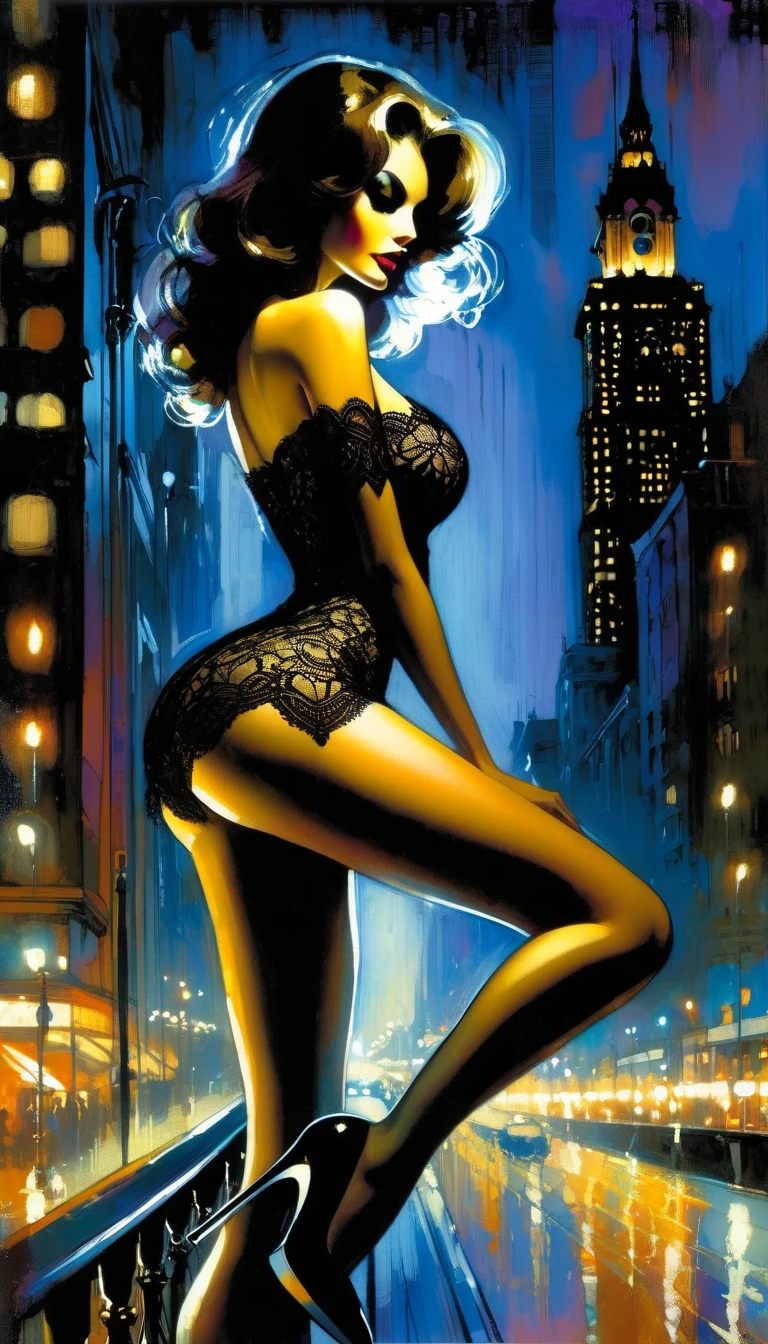 sexy девушка и city lights, night, lace dress ( art, inspired by Bill Sienkiewicz, Oil painting) beautiful slim thin figure, big breasts, seductive, Vulgar, erotic pose, sexy, heels on a high platform, stockings, Beautiful lingerie, sexy pose, arched, city lights
