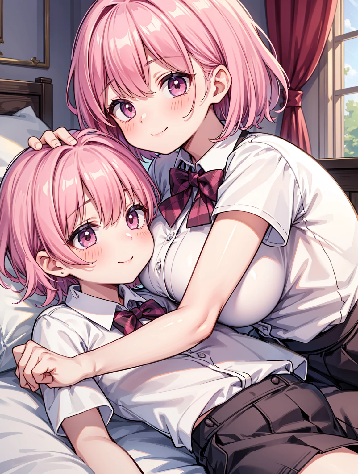 masterpiece, Highest quality, so beautiful, absurdes,High resolution,One girl, One boy,Cuddling in bed, like,sexly,Look at each one, blush,Age difference,bow tie,bionde,chest,Long Hair,Pink Hair,Tucked in shirt,short hair,skirt,smile,Tent shirt,Slut,Big breasted sister and brother,Siblings, trousers,Pushing her big tits against her brother
