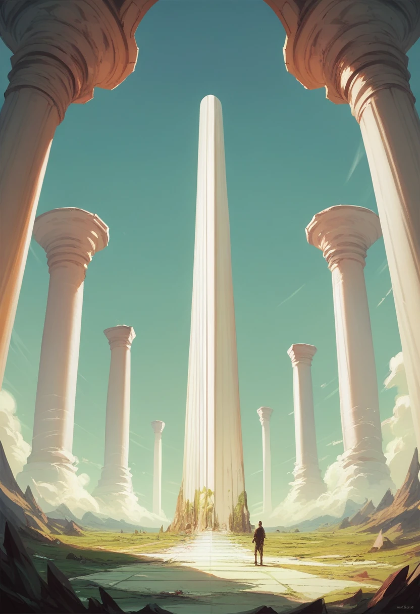 simple，Minimalist illustration，Giant tall and thin blood crystal column，Minimalist surreal landscape，Doomsday atmosphere