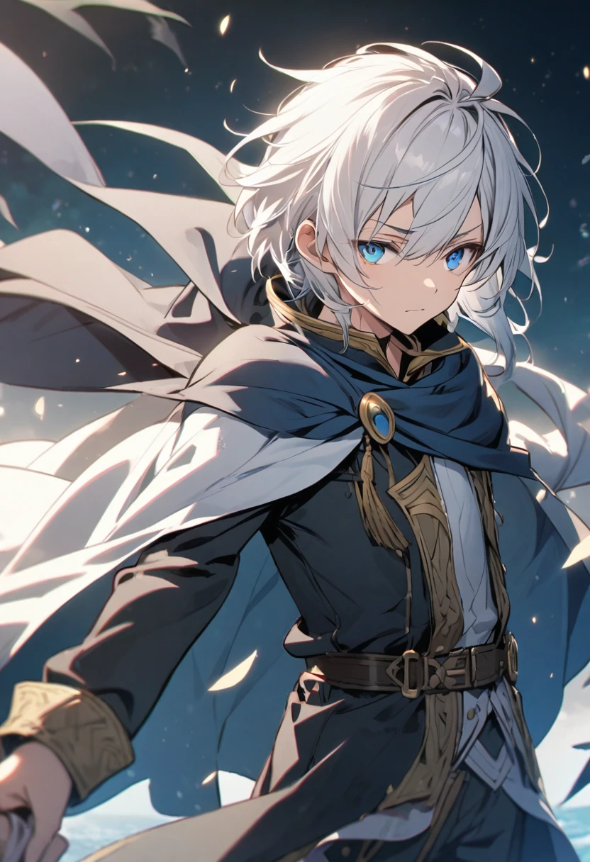 Boy tied white hair, blue eye, with cape