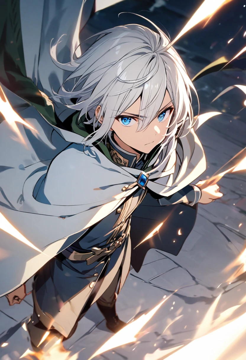 Boy tied white hair, blue eye, with cape