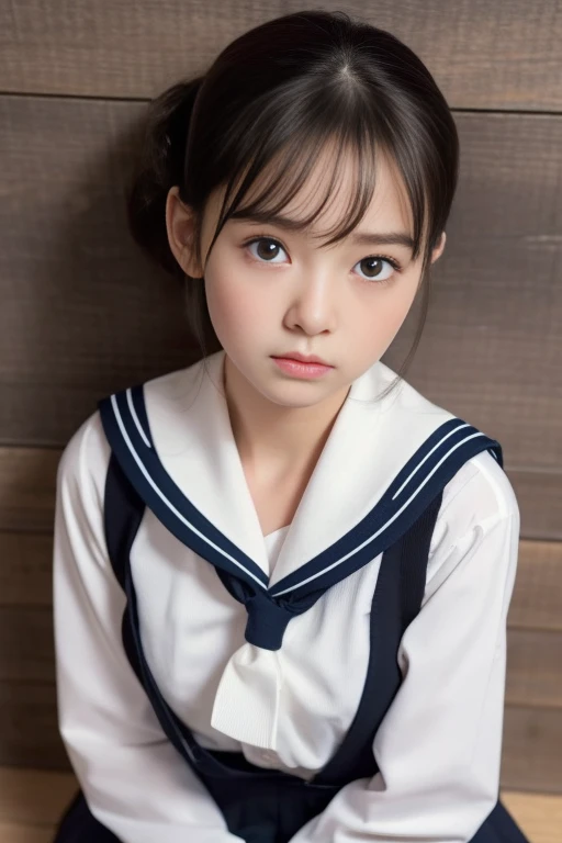 Highest quality、Professional Writing、 Detailed workmanship、High resolution、(8K, High resolution:1.2)、(RAW Photos, Realistic:1.3)、masterpiece、Slim figure、High resolutionの顔、The face is in focus、High resolutionの目、(concentrate, Symmetrical pupils:1.2)、Slim figure、High quality and beautiful skin、Firm Skin、Natural Makeup、Gloss Lip, High-definition hair texture、 (Japanese schoolgirl)、Unparalleled beauty、、cute, Hair Bun, classroom、(Sailor suit、Black socks、Black Loafers:1.3), (Sit on the floor by the wall:1.3), ((Hold your arms tightly against your chest:1.3)), very cute, (Very angry:1.3), (blush:1.3), (is scared:1.3), Strange facial expression、Looking up at the camera:1.2、(Shirt front opening:1.2), (Cleavage, Browsing Caution)