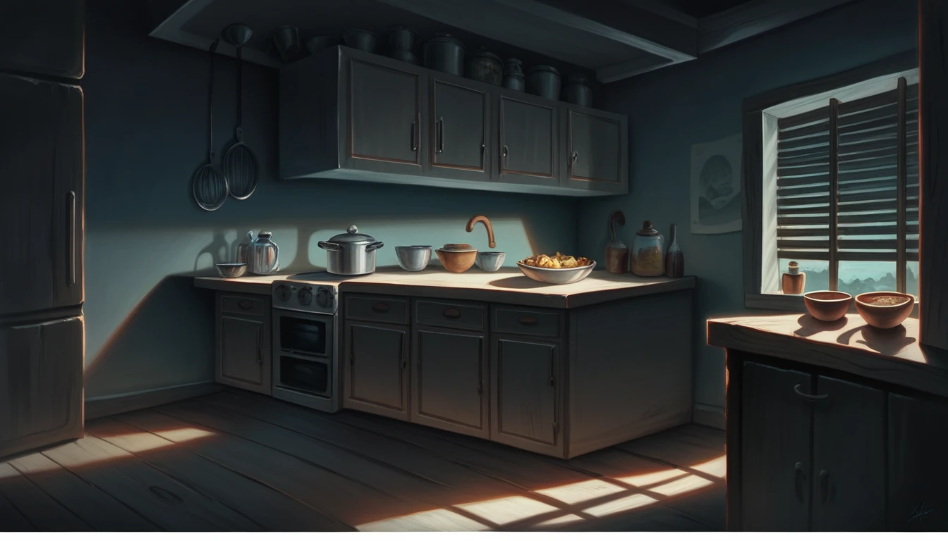 there is a small kitchen with a refrigerator and a table, interior background art, cozy wallpaper, lofi artstyle, background art, low detailed. digital painting, detailed lighting and textures, cozy home background, lo-fi illustration style, lofi art, immensely detailed scene, lofi aesthetic, detailed painting 4 k, 8k high quality detailed art, background artwork