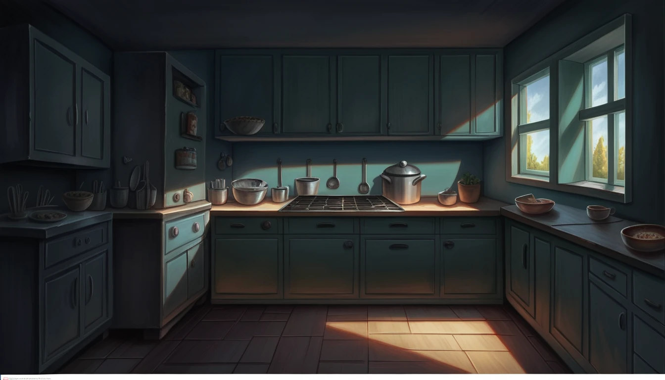 there is a small kitchen with a refrigerator and a table, interior background art, cozy wallpaper, lofi artstyle, background art, low detailed. digital painting, detailed lighting and textures, cozy home background, lo-fi illustration style, lofi art, immensely detailed scene, lofi aesthetic, detailed painting 4 k, 8k high quality detailed art, background artwork