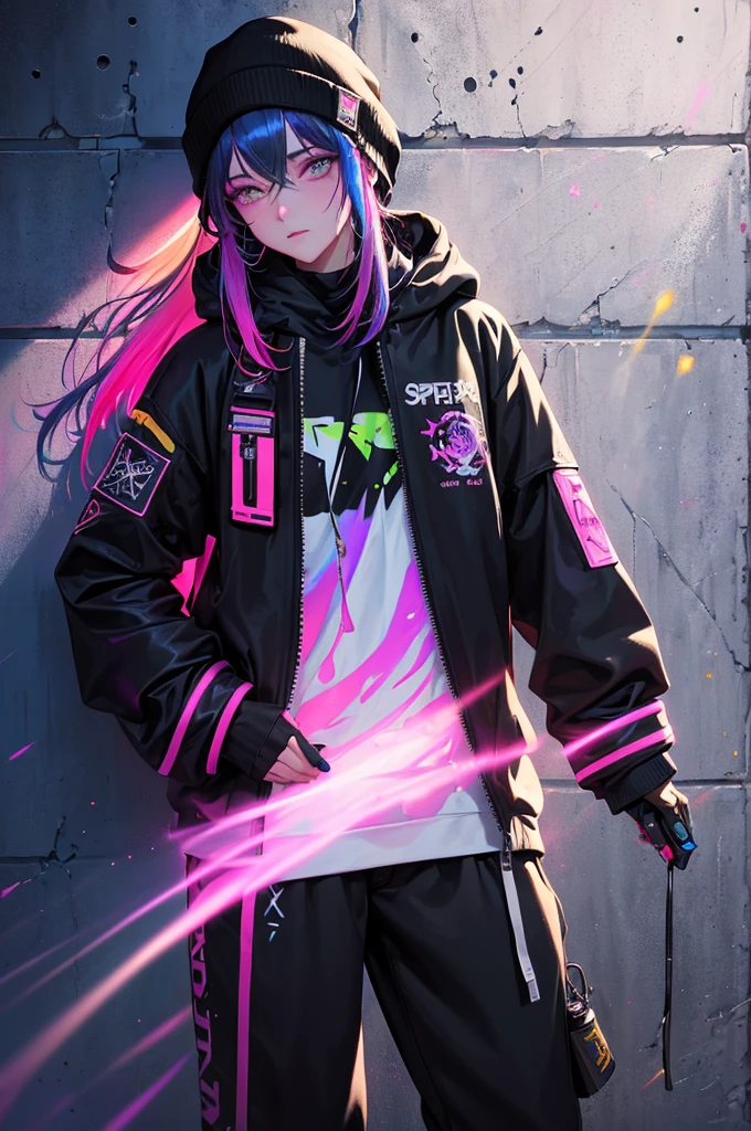 (Masterpiece:1.2), best quality, (illustration:1.2), (ultra-detailed),Eye focus,(Masterfully crafted Glow, pink lens flare), (Cinematic background), hyper details,(delicate detailed), (intricate details), octane render, hdr, (hyperdetailed:1.15), (((colourful))),(soft light:1.2), 1girl, beautiful girl, ultra detailed eyes, mature, plump, thick, rainbow painting drops, paint teardrops, woman made up from paint, entirely paint, splat, splash, (outside), (bioluminescent hair:1.1),(glowing eyes), ((makeup)),(Cinematic masterpiece), fierce, powerful, splashes of colour absolutely eye-catching, (Cinematic headlight), (realistic bounce lighting:1.2),((caustic)), dynamic angle, beautiful detailed glow, ambient occlusion, ambient light, raytraced reflections,(best illumination, an extremely delicate and beautiful), ((cinematic light)), (soft:2), (whimsical:2) , intricate background, vibrant, dreamscape, (painting graffiti:1.3), (glowing tail), (painted city landscape), (Urban),(realistic urban fashion), (expressive:1.2), good form, athletic , (mirrored world), (long flowing black hair:1.1), wavy hair, (colourful hair highlights),(Cyberpunk Techwear Japanese Streetwear Longline Hoodie),(Cyberpunk Streetwear Kanji Joggers), glowing headphones, beanie, (graffiti wall), unfinished graffiti, ghetto,(looking at wall:2),black hoodie, (backwall present),(holding spraycan:1.3), (colourful mist), buckles, belts, straps, a girl standing in front of a graffiti wall, cyberpunk art, by LAM, Mika Pikazo, graffiti, techwear jacket, black gloves, with buckle and tape