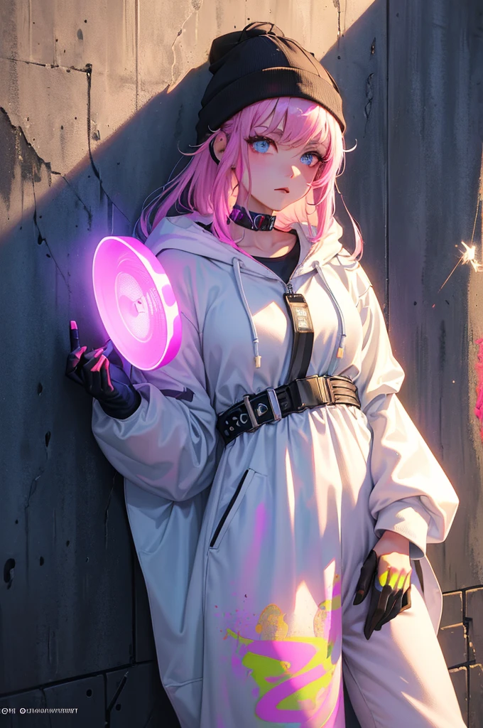 (Masterpiece:1.2), best quality, (illustration:1.2), (ultra-detailed),Eye focus,(Masterfully crafted Glow, pink lens flare), (Cinematic background), hyper details,(delicate detailed), (intricate details), octane render, hdr, (hyperdetailed:1.15), (((colourful))),(soft light:1.2), 1girl, beautiful girl, ultra detailed eyes, mature, plump, thick, rainbow painting drops, paint teardrops, woman made up from paint, entirely paint, splat, splash, (outside), (bioluminescent hair:1.1),(glowing eyes), ((makeup)),(Cinematic masterpiece), fierce, powerful, splashes of colour absolutely eye-catching, (Cinematic headlight), (realistic bounce lighting:1.2),((caustic)), dynamic angle, beautiful detailed glow, ambient occlusion, ambient light, raytraced reflections,(best illumination, an extremely delicate and beautiful), ((cinematic light)), (soft:2), (whimsical:2) , intricate background, vibrant, dreamscape, (painting graffiti:1.3), (glowing tail), (painted city landscape), (Urban),(realistic urban fashion), (expressive:1.2), good form, athletic , (mirrored world), (long flowing black hair:1.1), wavy hair, (colourful hair highlights),(Cyberpunk Techwear Japanese Streetwear Longline Hoodie),(Cyberpunk Streetwear Kanji Joggers), glowing headphones, beanie, (graffiti wall), unfinished graffiti, ghetto,(looking at wall:2),black hoodie, (backwall present),(holding spraycan:1.3), (colourful mist), buckles, belts, straps, a girl standing in front of a graffiti wall, cyberpunk art, by LAM, Mika Pikazo, graffiti, techwear jacket, black gloves, with buckle and tape