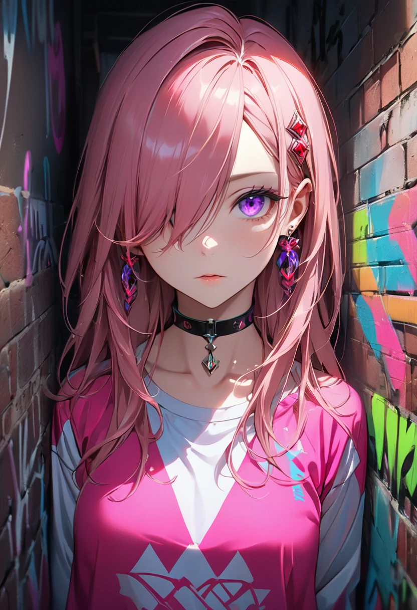 (masterpiece, best quality, 1girl, solo, intricate details, chromatic aberration), realistic, ((medium breath)),long hair, pink hair, red head ornament, pink highlights, hair over one eye,purple eyes, earrings, sharp eyes, choker, neon shirt, open jacket, crop top, (symmetry eyes),(perfect symmetrical body),against wall, brick wall, graffiti, dim lighting, alley ,look at viewer