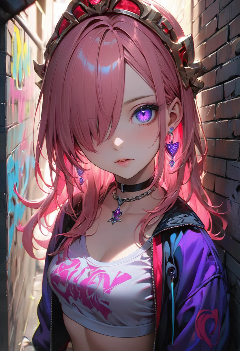 (masterpiece, best quality, 1girl, solo, intricate details, chromatic aberration), realistic, ((medium breath)),long hair, pink hair, red head ornament, pink highlights, hair over one eye,purple eyes, earrings, sharp eyes, choker, neon shirt, open jacket, crop top, (symmetry eyes),(perfect symmetrical body),against wall, brick wall, graffiti, dim lighting, alley ,look at viewer