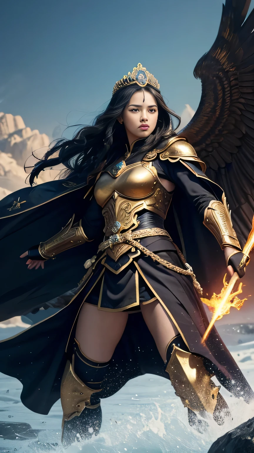 (Best Quality, High resolution, Realistic:1.37), Super detailed, Extremely fine resolution, (Symmetrical eyes:1.3), A beautiful female commander and a large group of soldiers,Black Hair,long hair,(magic, Food, Serious expression, crown, 8K, Flowing golden cape,Ornate fabric:1,1),BREAK, fierce々New Warriors, Ancient battlefields, god々Warriors of, epic showdown, Intense power, Historical Wars, Dramatic lighting, god mysterious aura, god holy weapon, God Story Battlefield, Legendary battles, , Fearless Warrior, Ancient legends, roar, Victory and glory, Immersive atmosphere, Epic combat, Great scene, god tale warrior,, Cinematic composition, intense energy, god hero of the tale, god mythical creature, Fierce determination, Great action, Dynamic pose, Monumental collision, Graceful beauty, god story world, The power of god stories, God's power intervenes,