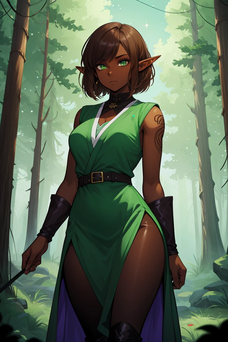 masterpiece, absurdres, 1girl, cowboyshot, tachi-e, young woman, best aesthetics, small breasts, narrow hips, thin thighs, dark hair, narrow eyes, slanted eyes, brown skin, knee-length dress, round nose, very detailed face, clean lines, dynamic pose, anatomically correct, hyperdetailed, forest atmosphere, beige eyeshadow, clean makeup, violet eyes, detailed hair, sparkling eyes, nature, magic, fantasy, medieval, high fantasy, leather leggings, comfy, cozy, tsurime eyes, SFW, mage robes, arms by side, outdoors, trees in background, simple bob haircut, messy bangs, hair framing face, straight hair, elf, adult woman, brown dress, green vest, inked comic, comic art, ankle boots, cell shading, cartoon style, tanned skin, broad shoulders, travel satchel, forest mage, dark skin, loose-fitting dress, minlan1, high fantasy, rule of thirds, cross-body robes