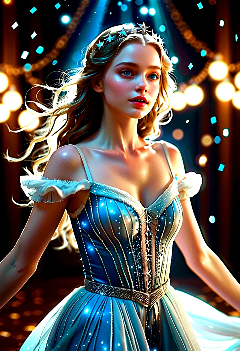 'Tina', who has pale skin and an angelic face with blue eyes, dances with a dreamy expression as if she is in a dream among the shining stars that surround her. Camera angle that captures the upper body above the hips, clear resolution, cinematic lighting, clear image quality, realistic atmosphere,