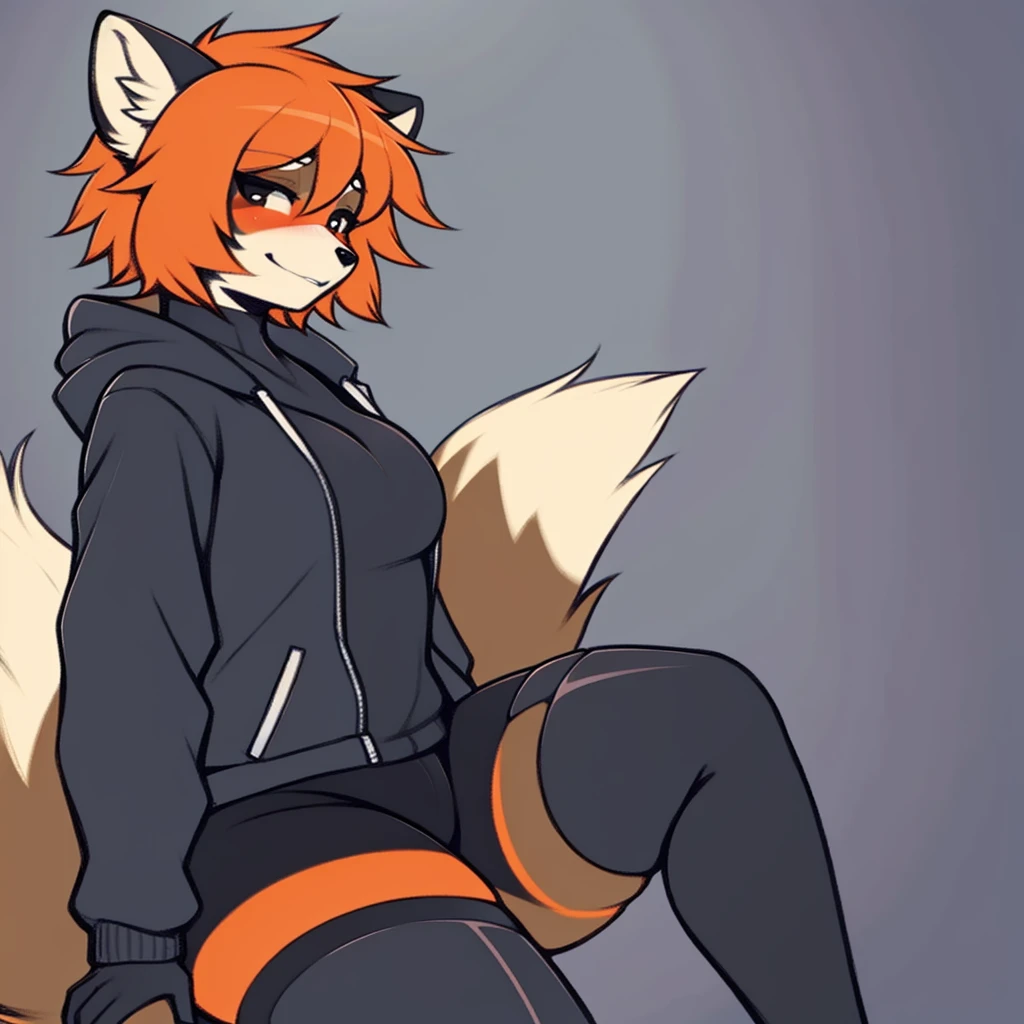 softly toned young adult, cute breasts, short scruffy red hair, furry fox girl, pale blue eyes and black glasses, pastel comfy open hoodie, topless