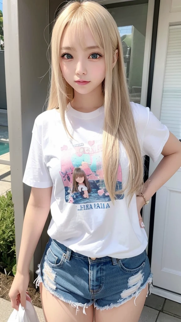 1 Girl、blue sky、明るくてとてもbeautiful顔、young, Shiny white skin、Best Looks、Blonde hair that reflects the light brilliantly、光沢のあるbeautifulブロンドの髪を持つ、Very straight hair、Long bangs、非常にbeautiful17歳、beautiful、Adorable、beautiful女の子、Shorts、various t-shirts